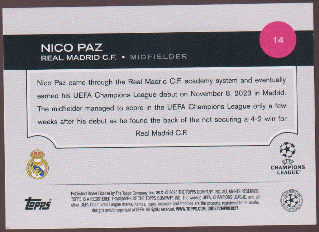 Topps 2024-25 Nico Paz Rookie Real Madrid C.F. UEFA Champions League Parallel – Bild 2