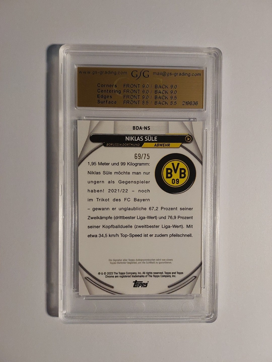 Topps Chrome BVB 2022-23 Niklas Süle On Card Auto Parallel 69/75 GSG 8.5 = PSA – Bild 2