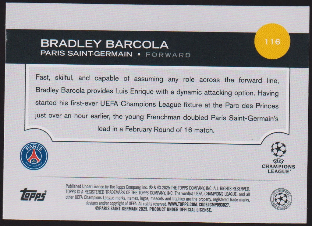 Topps 2024-25 Bradley Barcola Rookie Paris Saint-Germain UEFA Champions League – Bild 2