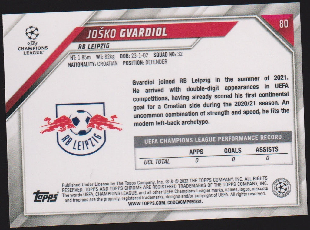 Topps Champions League Chrome 2021-22 Josko Gvardiol Rookie RB Leipzig Parallel – Bild 2