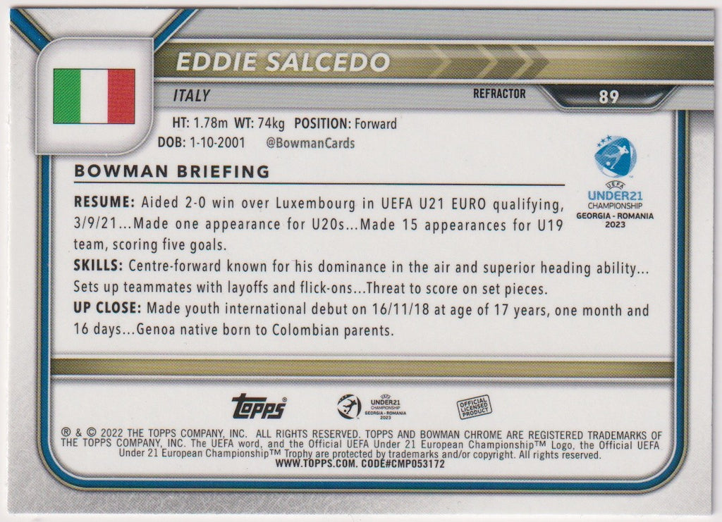 Topps Chrome 2022-23 Eddie Salcedo Italien BOWMAN BRIEFING Parallel Rare – Bild 2