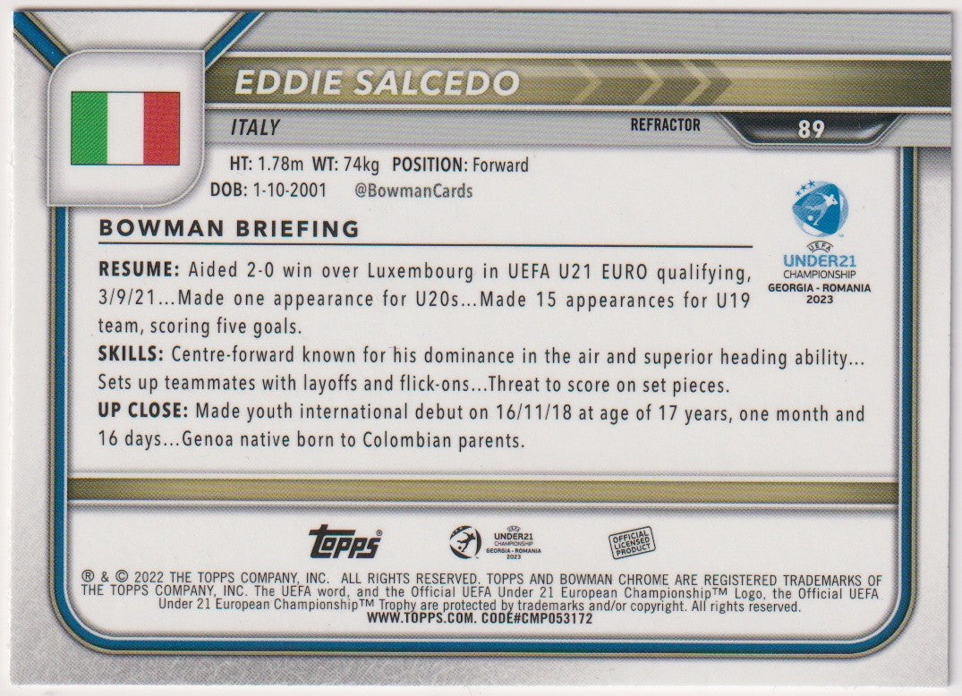 Topps Chrome 2022-23 Eddie Salcedo Italien BOWMAN BRIEFING Parallel Rare – Bild 2