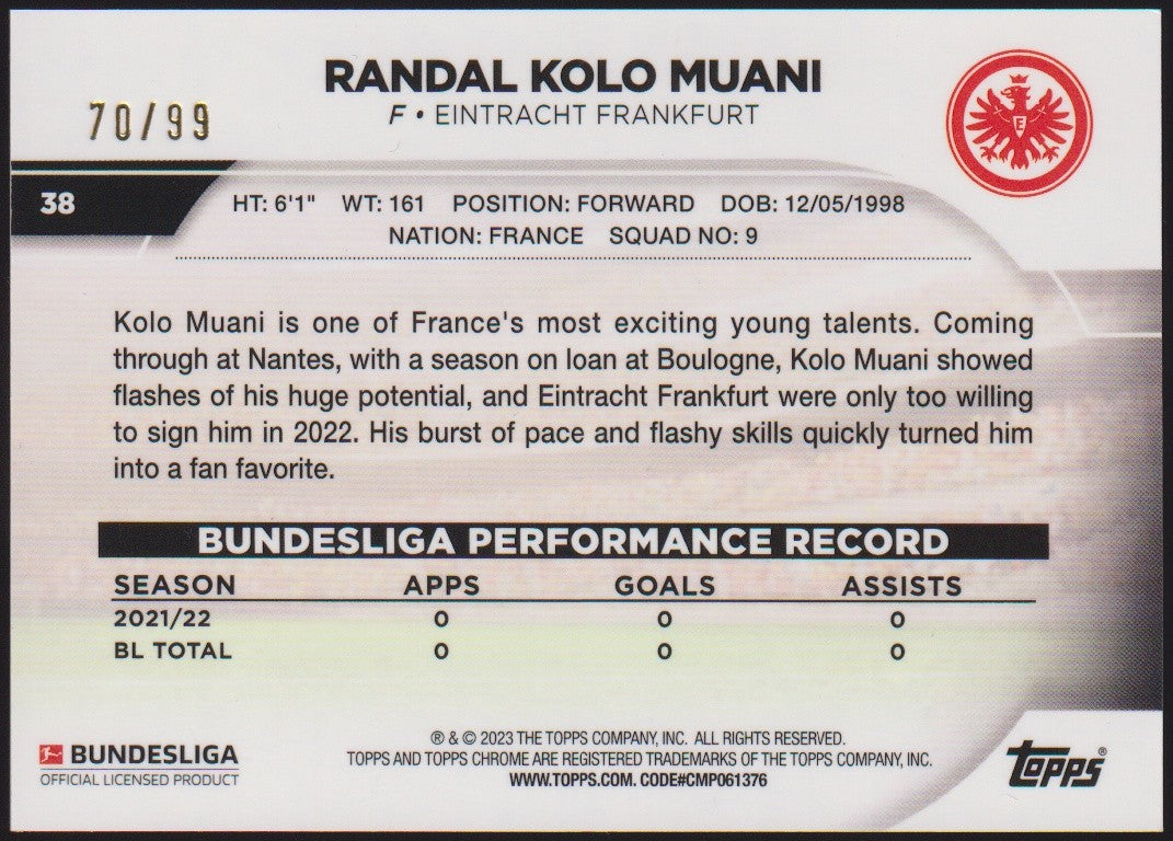 Topps Chrome 2022-23 Randal Kolo Muani Rookie Eintracht Frankfurt Parallel 70/99 – Bild 2
