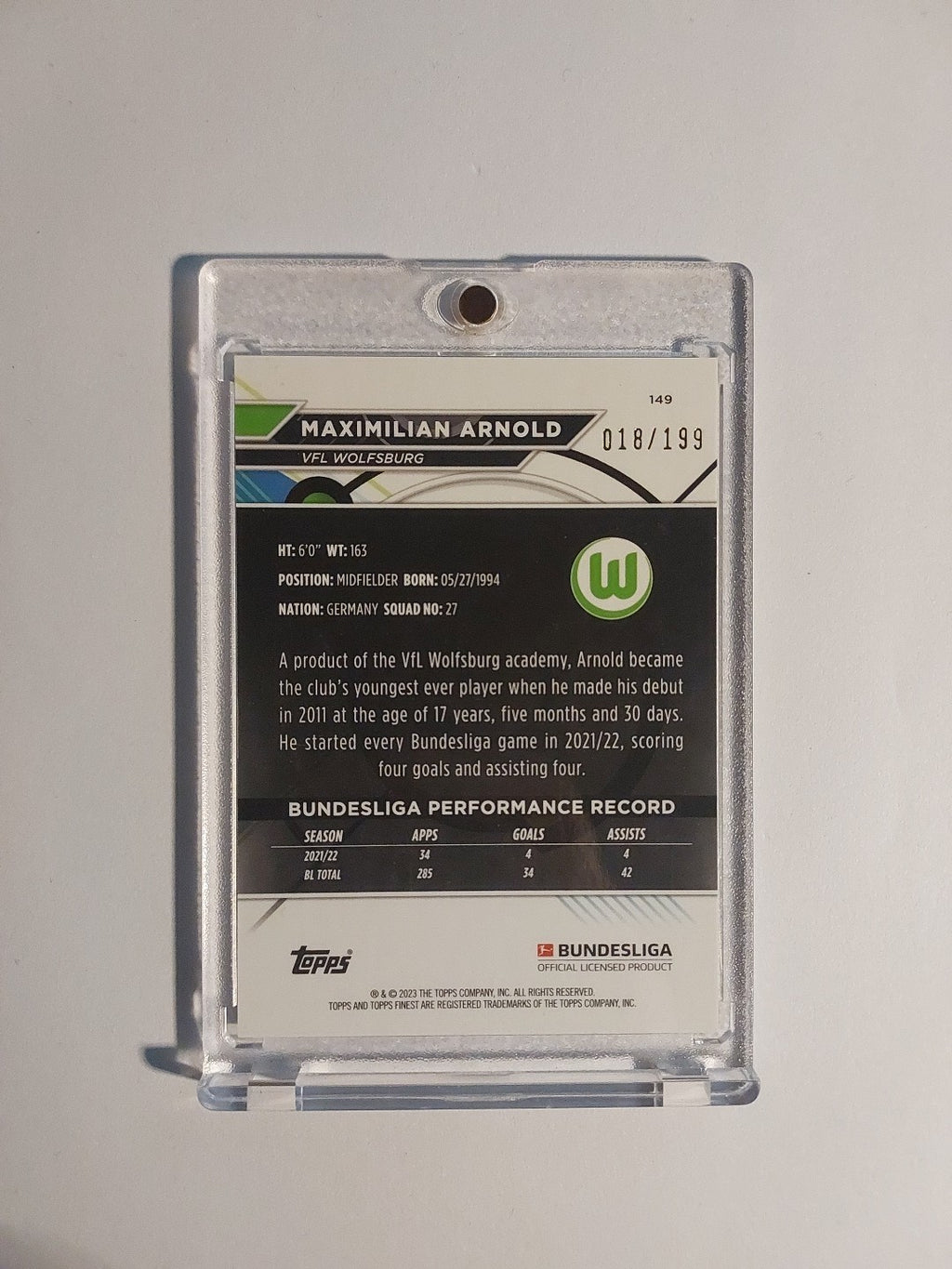 Topps Finest Bundesliga 2022-23 Maximilian Arnold Wolfsburg Parallel 18/199 Rare – Bild 2