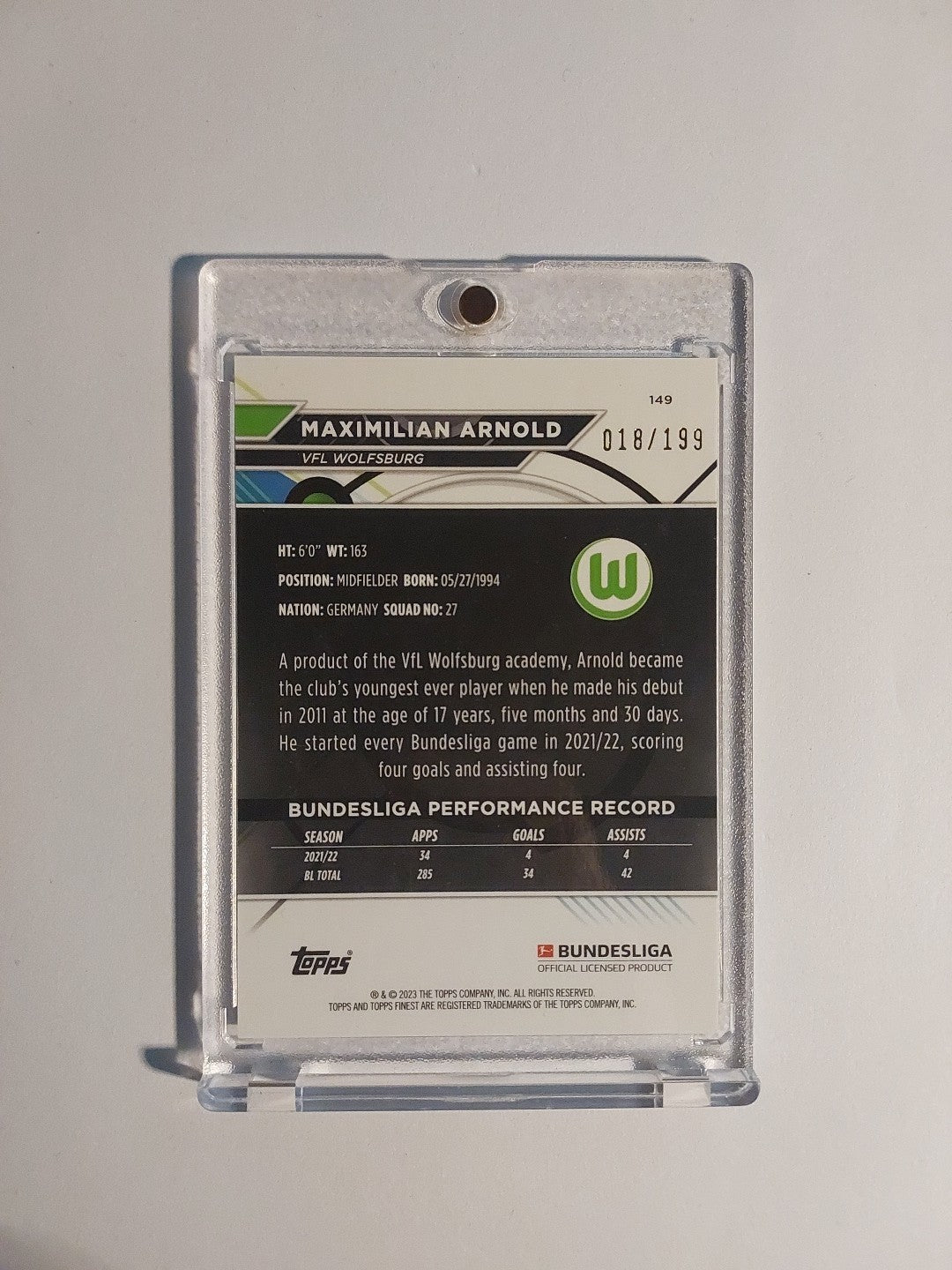 Topps Finest Bundesliga 2022-23 Maximilian Arnold Wolfsburg Parallel 18/199 Rare – Bild 2