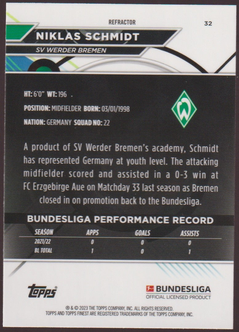 Topps Finest 2021-22 Niklas Schmidt Rookie SV Werder Bremen Parallel Refractor – Bild 2