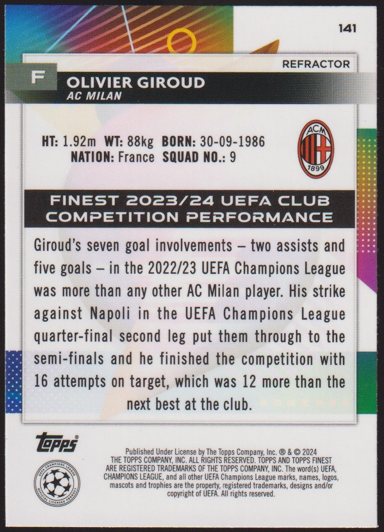 Topps Finest 2023-24 Olivier Giroud AC Milan UEFA Champions League Parallel – Bild 2