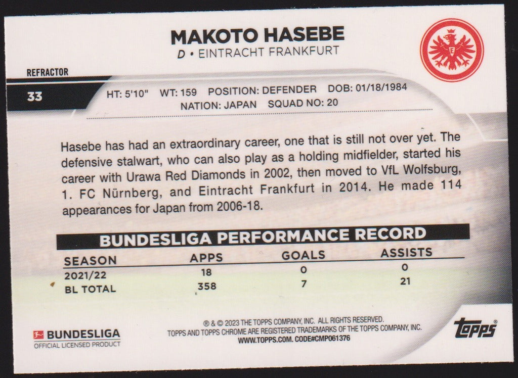 Topps Chrome 2021-22 Makoto Hasebe Eintracht Frankfurt Parallel Refractor – Bild 2