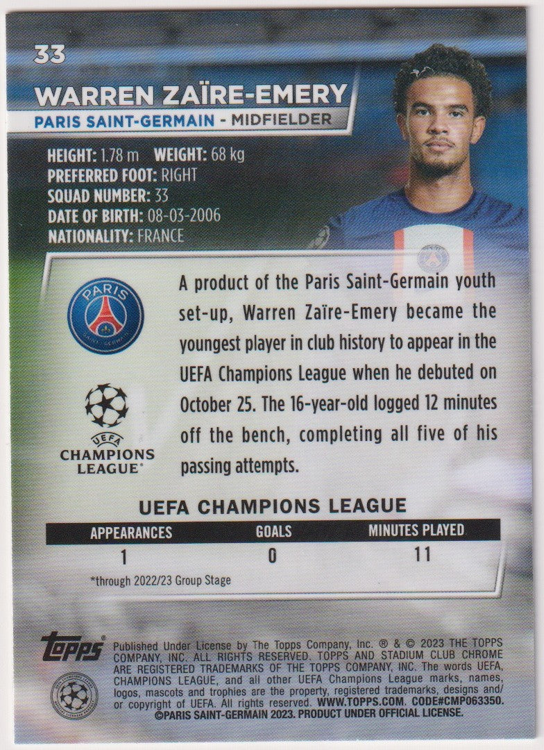 Topps Stadium Club Chrome 2023-24 Warren Zaire-Emery Rookie Paris Saint-Germain – Bild 2