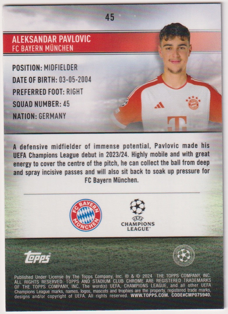 Topps Stadium Club 2023-24 Aleksandar Pavlovic Rookie FC Bayern München Parallel – Bild 2