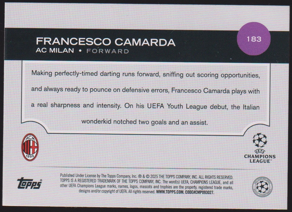 Topps Future 2024-25 Francesco Camarda AC Milan UEFA Champions League Parallel – Bild 2