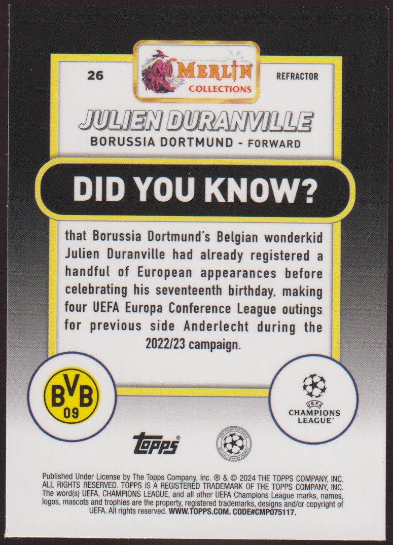 Topps Merlin Collections 2023-24 Julien Duranville Rookie Dortmund Parallel – Bild 2