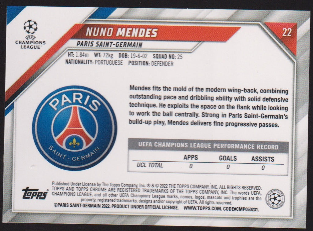 Topps Champions League 2021-22 Nuno Mendes Rookie Paris Saint-Germain Parallel – Bild 2
