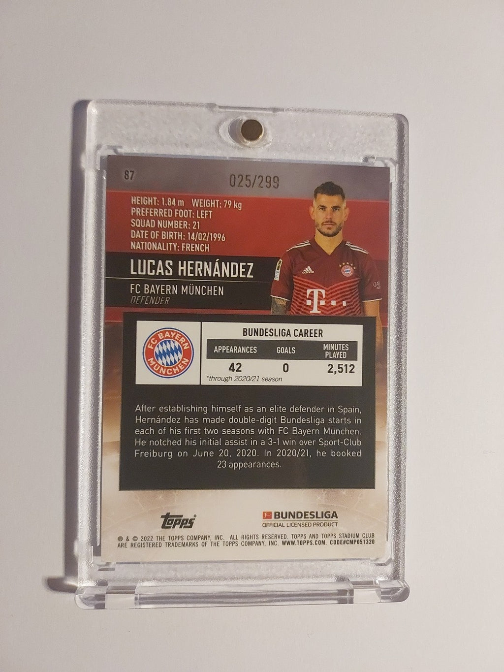 Topps Stadium Club Chrome 21-22 Lucas Hernandez Bayern Numbered 25/299 Refractor – Bild 2