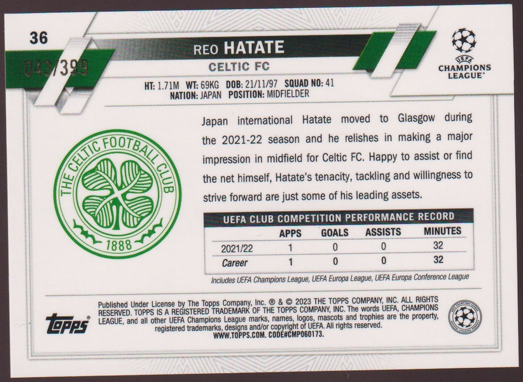 Topps Chrome 2021-22 REO HATATE Celtic FC Parallel 43/399 Refractor Rare – Bild 2