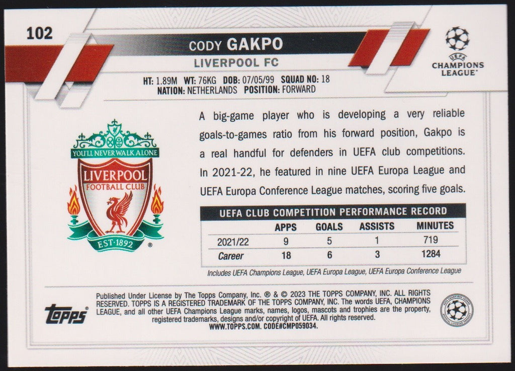 Topps Champions 2022-23 Cody Gakpo Liverpool FC UEFA Club Competitions Parallel – Bild 2