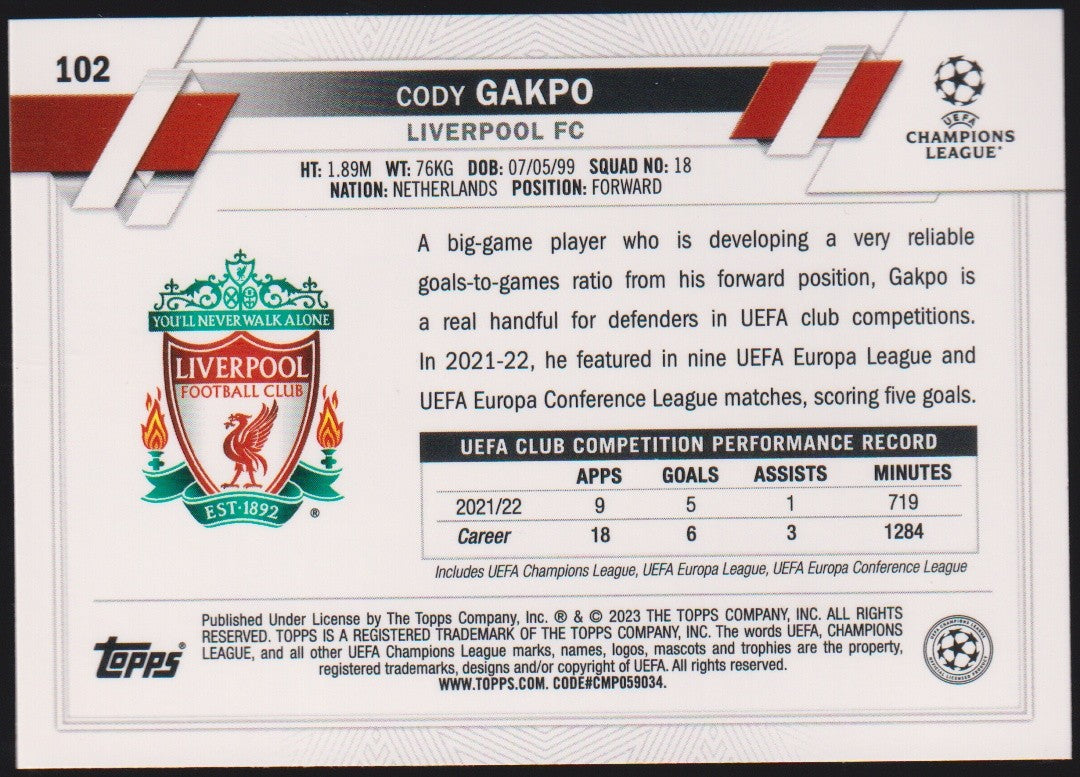 Topps Champions 2022-23 Cody Gakpo Liverpool FC UEFA Club Competitions Parallel – Bild 2