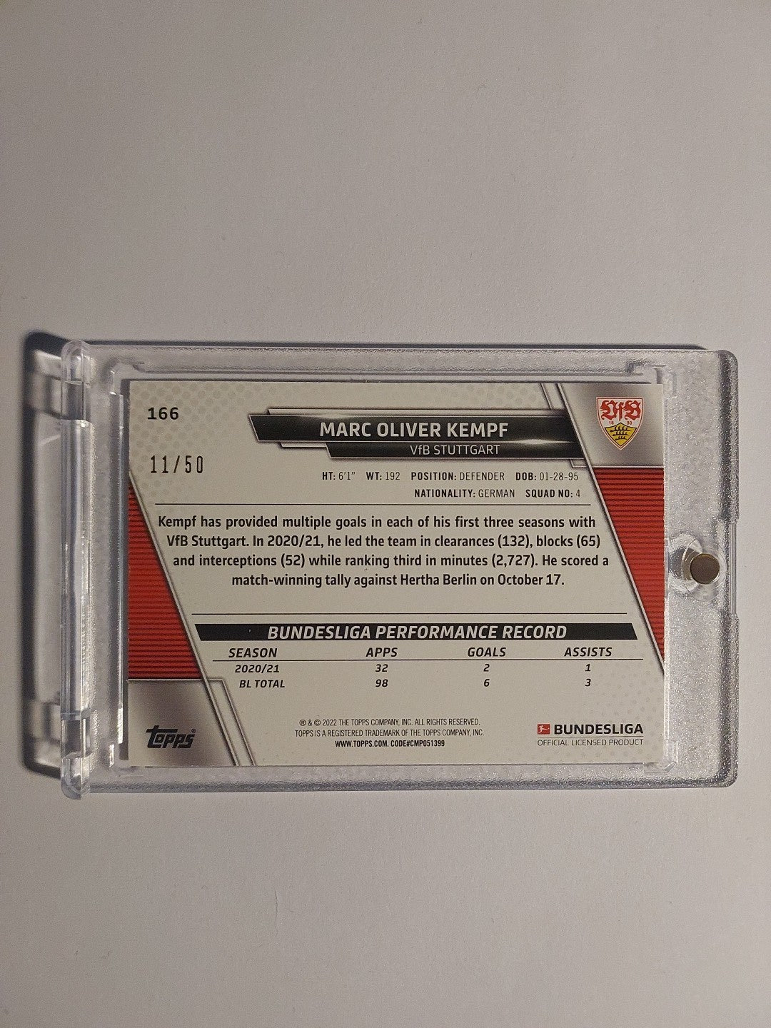 Topps Bundesliga 2021-22 Marc Oliver Kempf VfB Stuttgart Parallel 11/50 Rare Hit – Bild 2