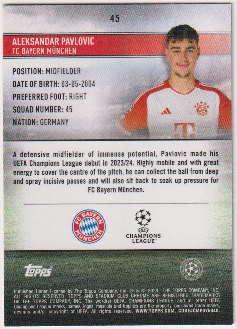 Topps Stadium Club 2023-24 Aleksandar Pavlovic Rookie FC Bayern München Parallel – Bild 2