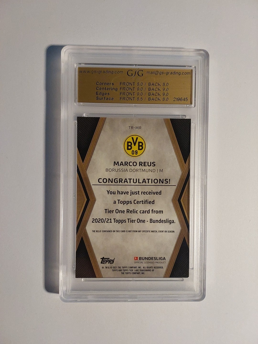Topps Tier One 2020-21 Marco Reus BVB Patch Relic Parallel 79/127 GSG 8.0 = PSA – Bild 2