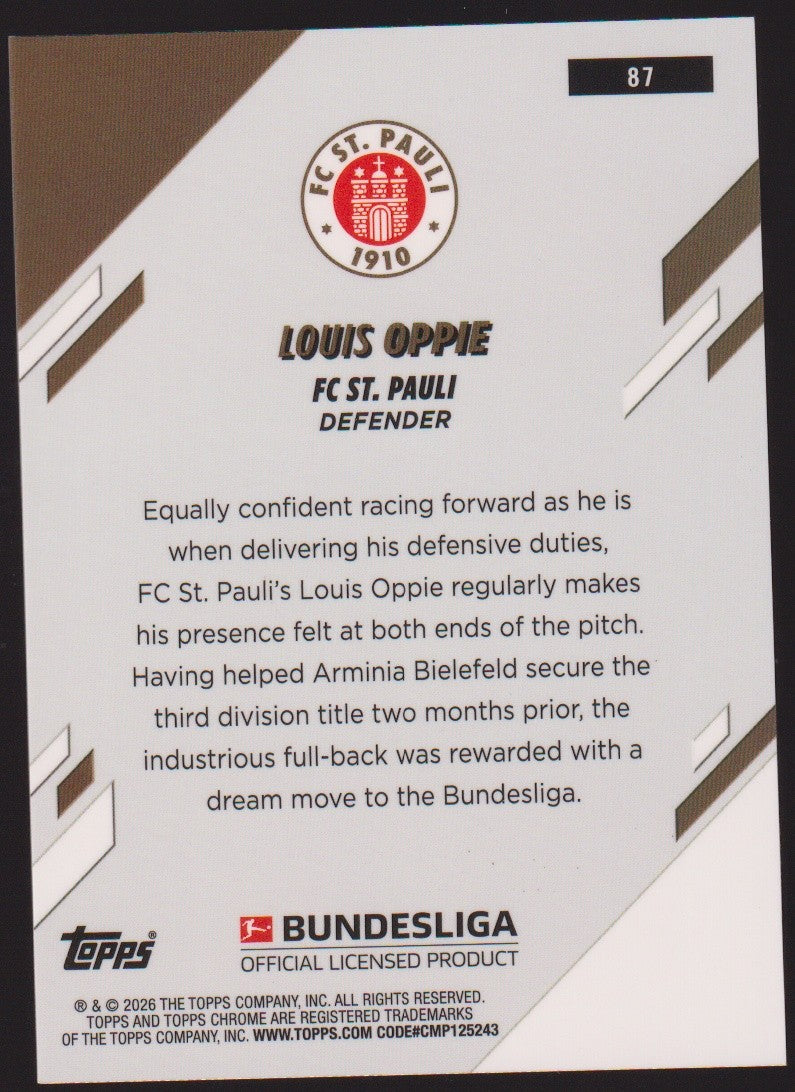 Topps Chrome 2025-26 Louis Oppie FC St. Pauli Parallel 40/50 Rookie Refractor – Bild 2