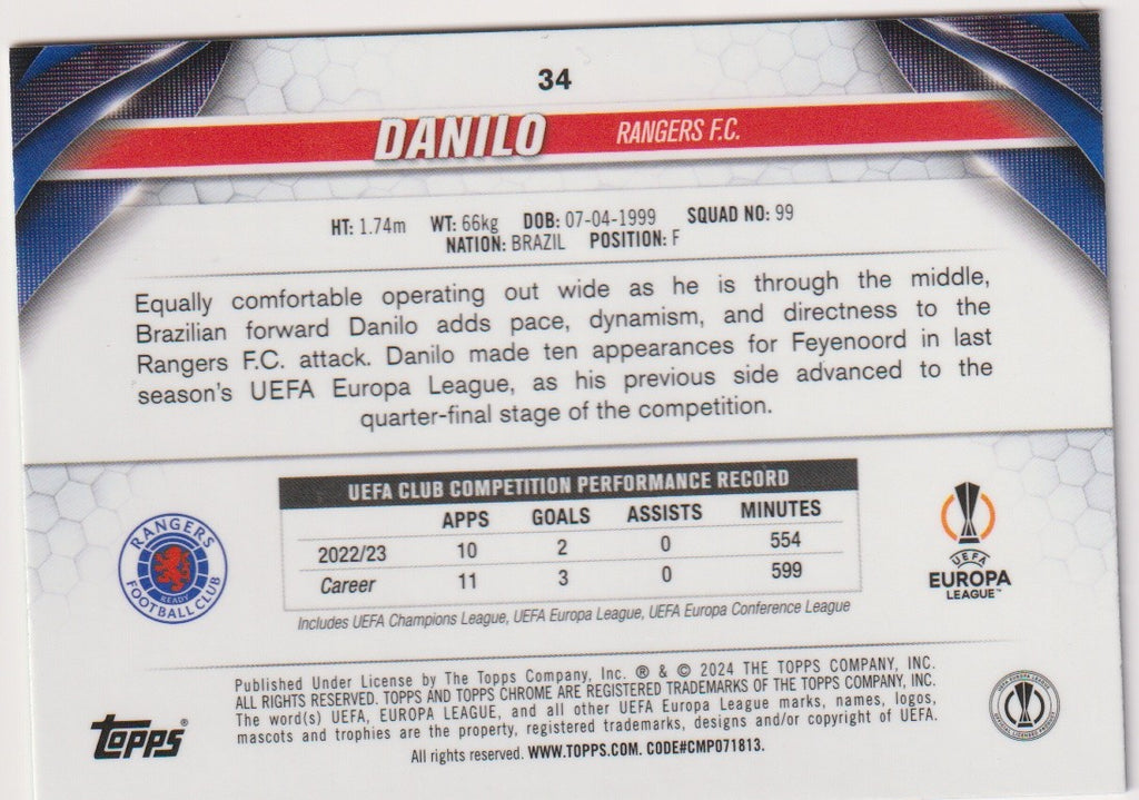 Topps Chrome 2022-23 Danilo Rangers F.C. Parallel 378/399 Rare 34 – Bild 2