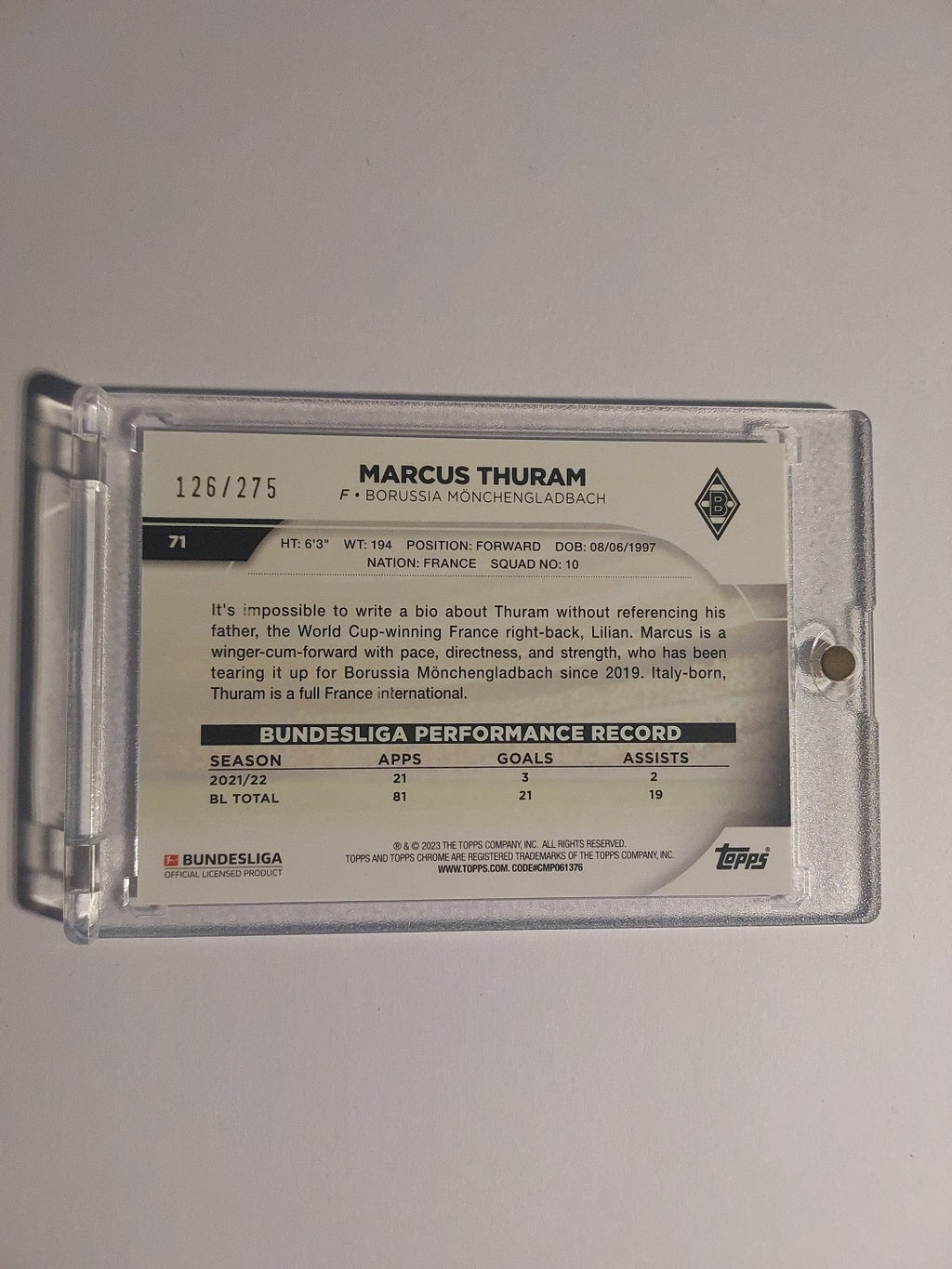 Topps Chrome Bundesliga 2022-23 Marcus Thuram Gladbach Numbered 126/275 Parallel – Bild 2