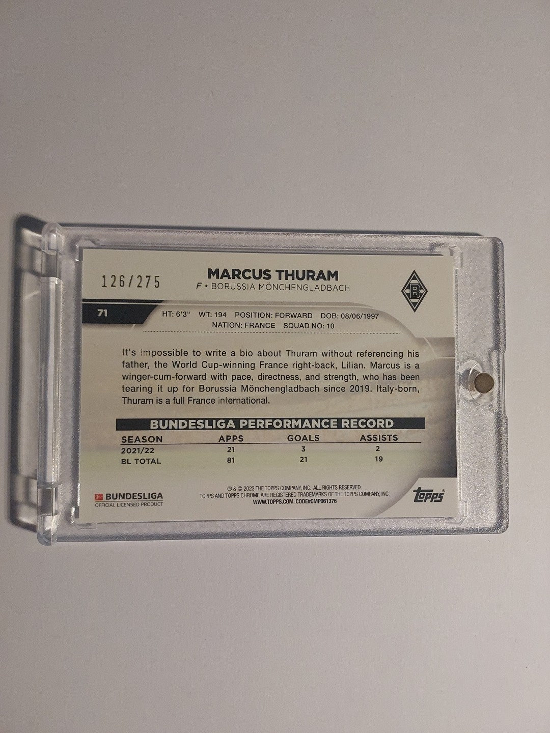 Topps Chrome Bundesliga 2022-23 Marcus Thuram Gladbach Numbered 126/275 Parallel – Bild 2