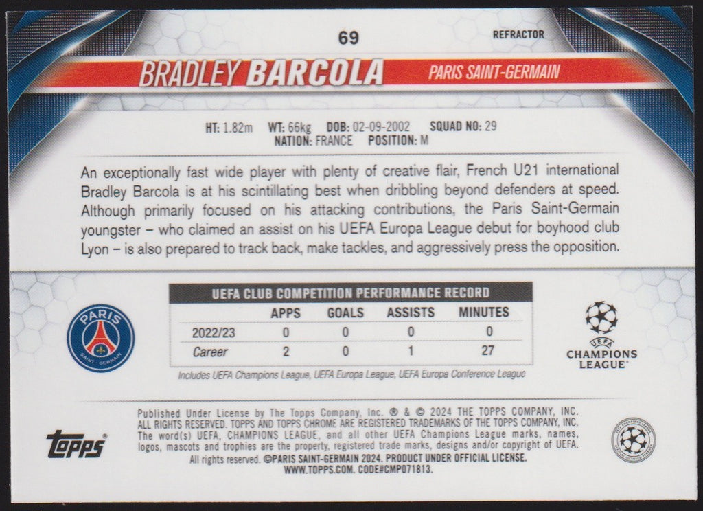 Topps Chrome 2023-24 Bradley Barcola Rookie Paris Saint-Germain Parallel – Bild 2