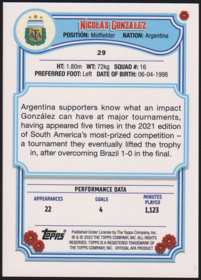 Topps 2022-23 Nicolas Gonzalez Argentina Parallel Rare Nr. 29 – Bild 2