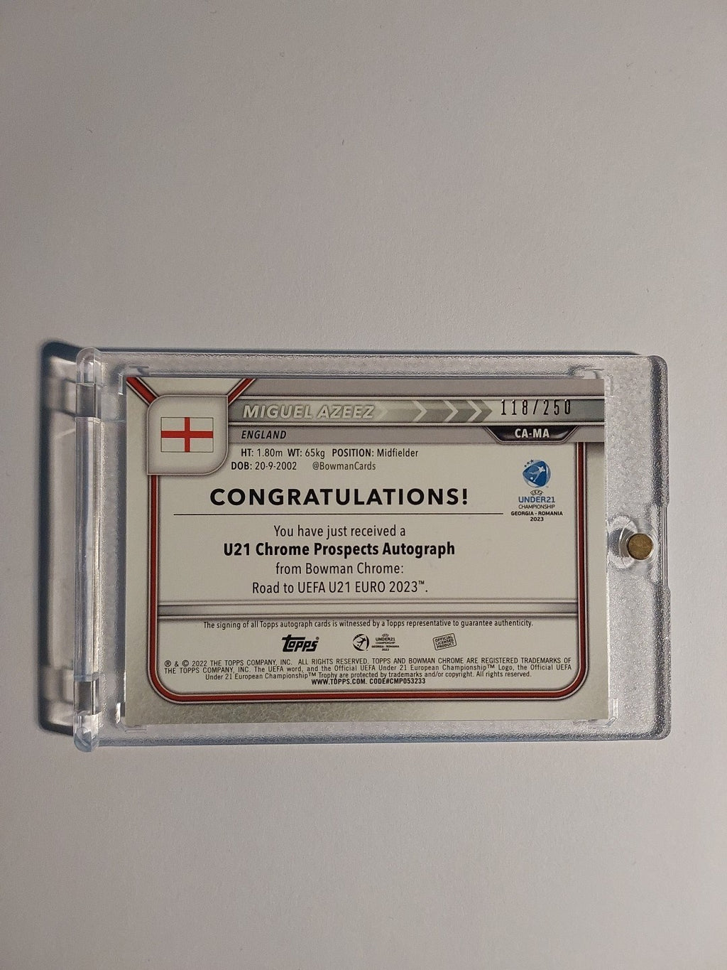 Topps Uefa Bowman U21 2022-23 Miguel Azeez England Arsenal Auto Parallel 118/250 – Bild 2