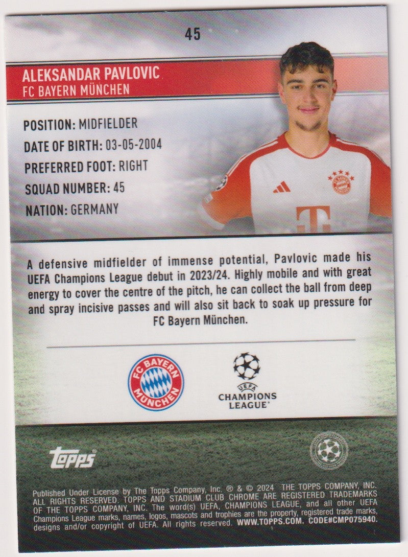 Topps Stadium Club 2023-24 Aleksandar Pavlovic Rookie FC Bayern München Parallel – Bild 2