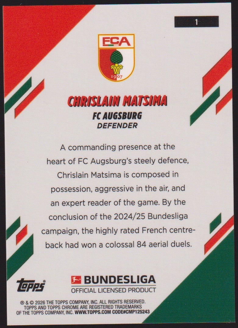 Topps Chrome 2025-26 Chrislain Matsima FC Augsburg Parallel 72/99 Refractor – Bild 2