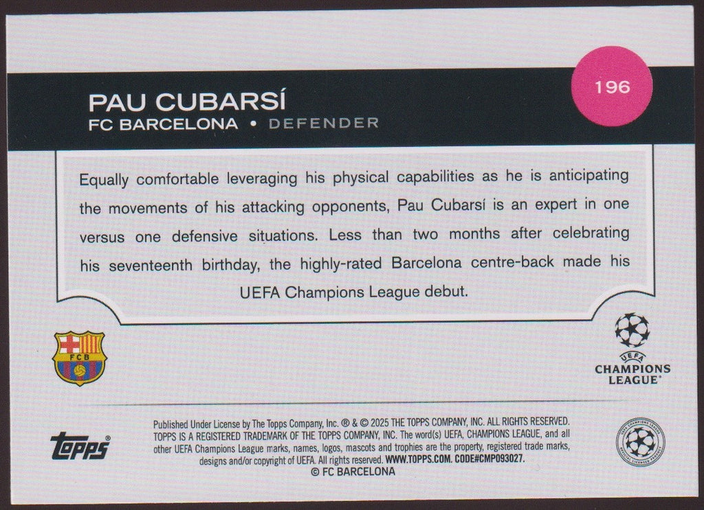 Topps Future 2024-25 Pau Cubarsí Rookie FC Barcelona Champions League Parallel – Bild 2