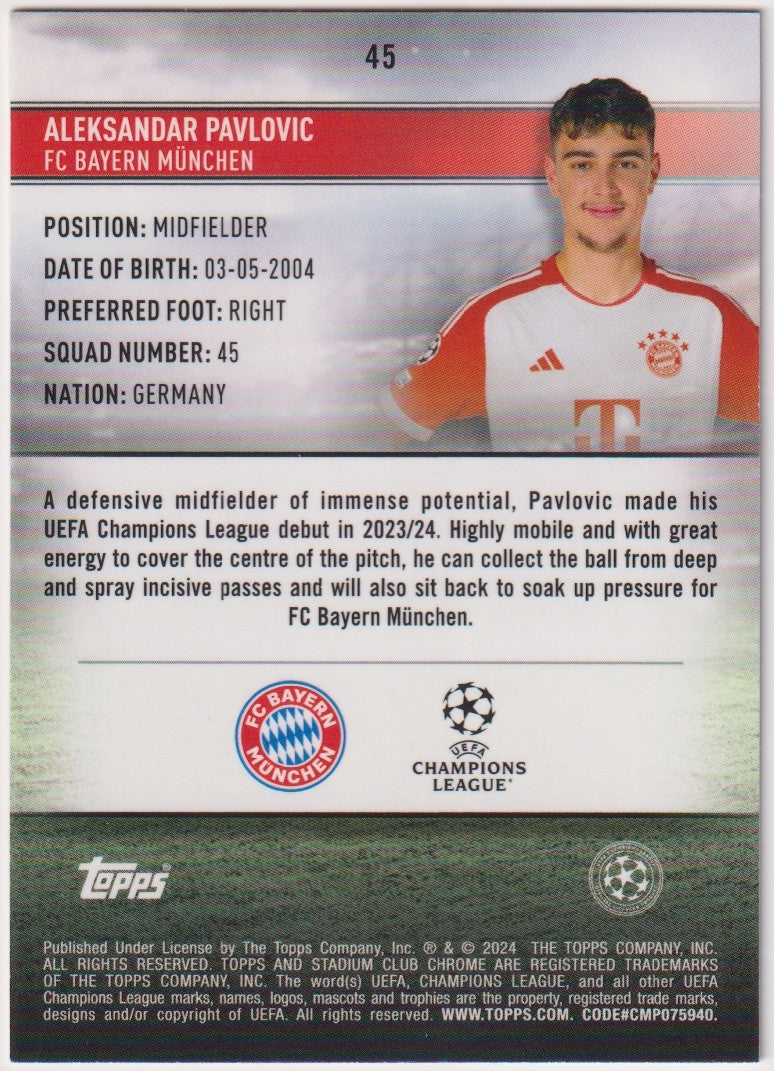 Topps Stadium Club 2023-24 Aleksandar Pavlovic Rookie FC Bayern München Parallel – Bild 2
