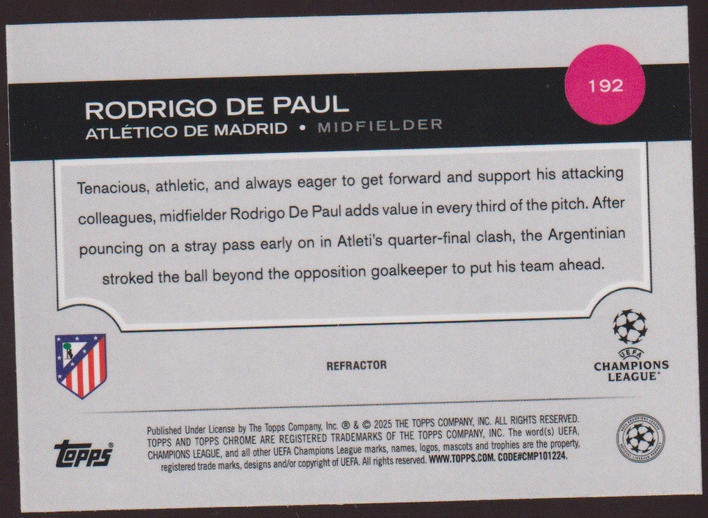 Topps Chrome 2024-25 Rodrigo De Paul Atlético Madrid Parallel Refractor Nr. 192 – Bild 2