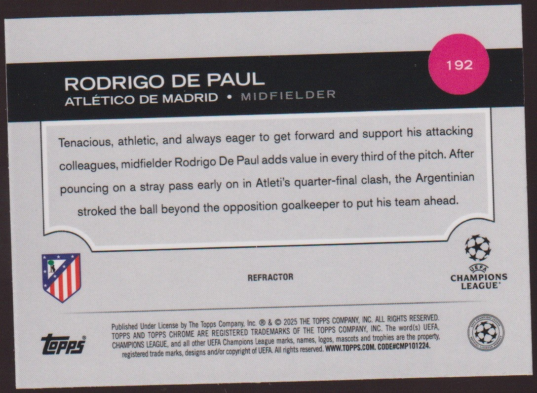 Topps Chrome 2024-25 Rodrigo De Paul Atlético Madrid Parallel Refractor Nr. 192 – Bild 2