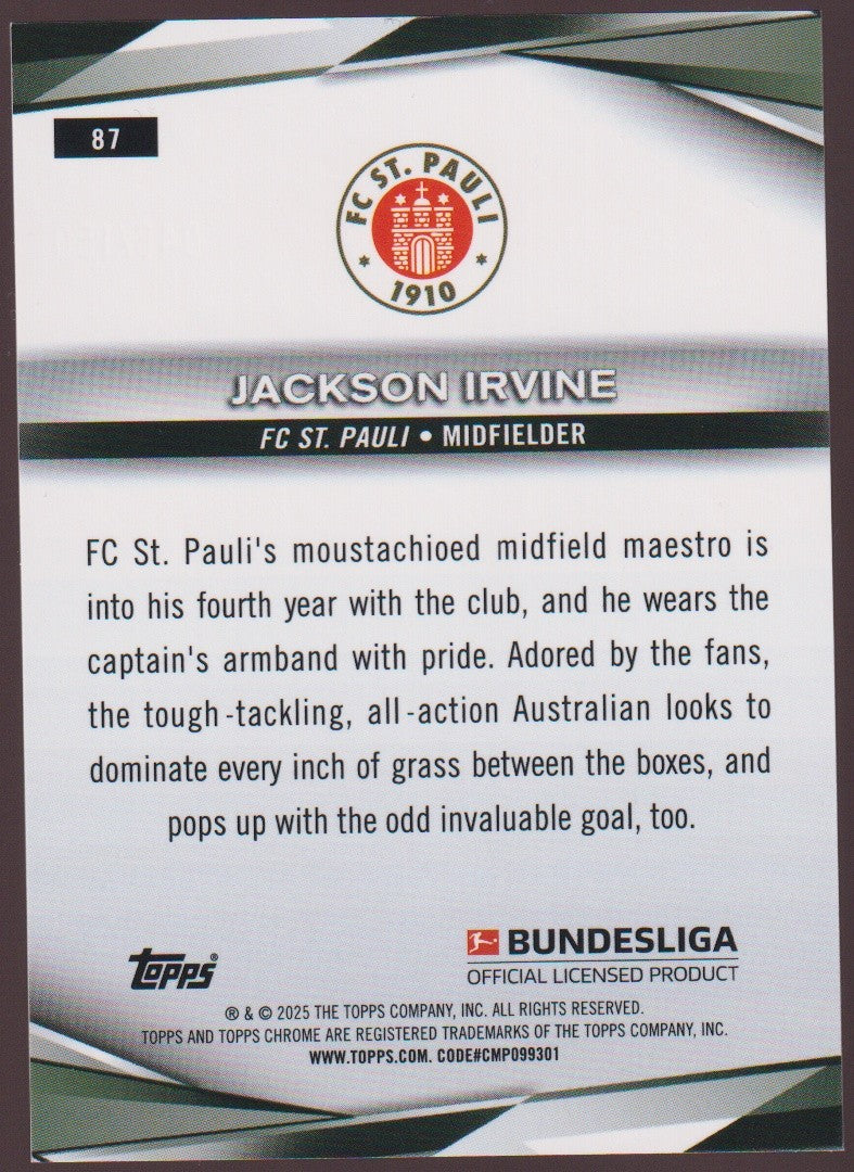 Topps Chrome 2024-25 Jackson Irvine FC St. Pauli BUNDESLIGA Parallel 117/150 – Bild 2