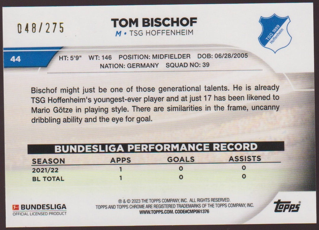 Topps Chrome 2021-22 Tom Bischof TSG Hoffenheim Parallel 48/275 Rookie – Bild 2