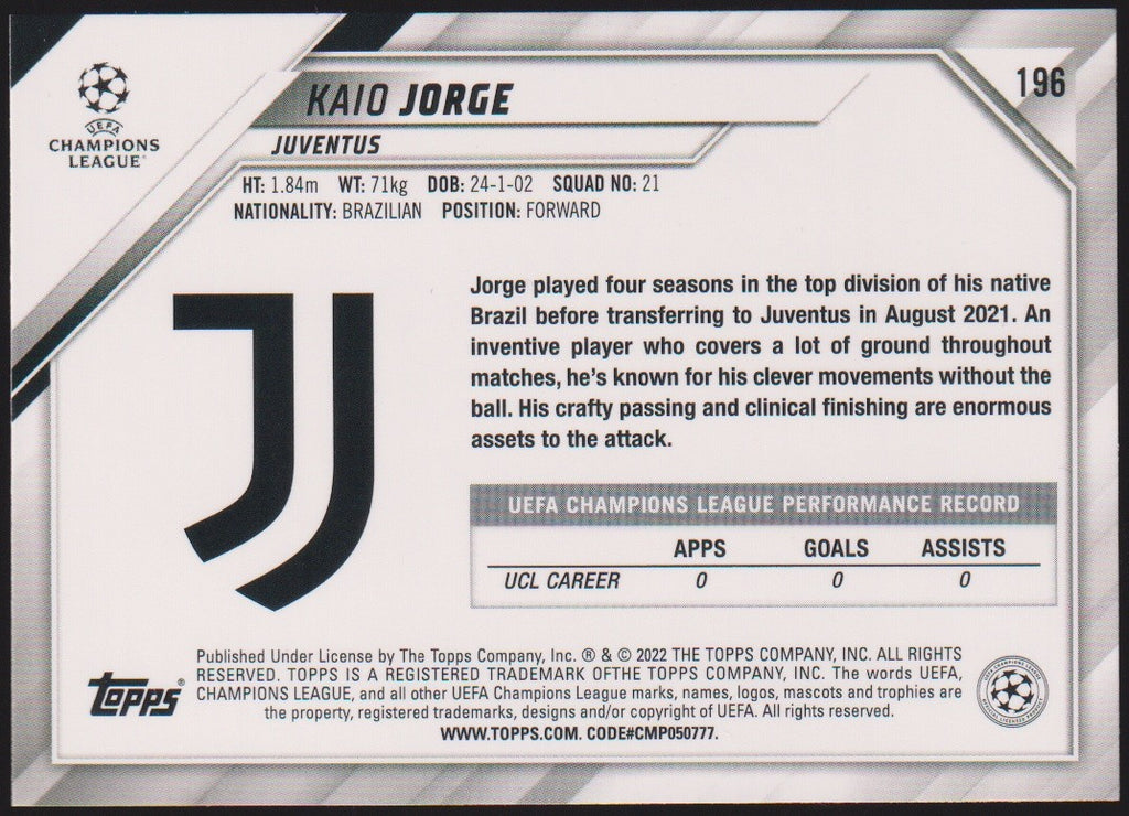 Topps 2021-22 Kaio Jorge Juventus Parallel Rare Nr. 196 Rookie Refractor – Bild 2
