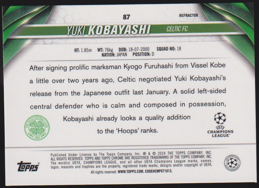 Topps Chrome 2023-24 Yuki Kobayashi Celtic FC Parallel Refractor – Bild 2