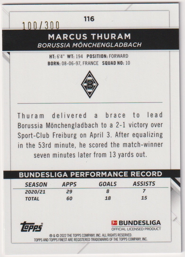Topps 2020-21 Marcus Thuram Borussia Mönchengladbach Finest Parallel 100/300 116 – Bild 2