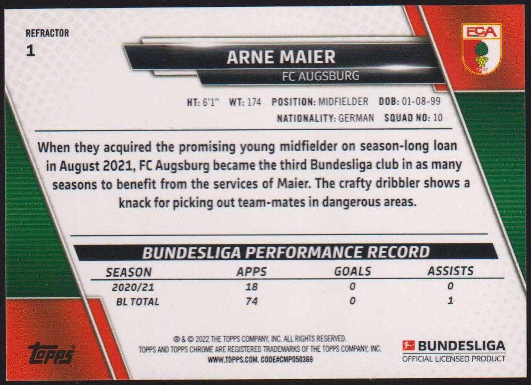 Topps Chrome Bundesliga 2021-22 Arne Maier FC Augsburg Parallel Refractor – Bild 2