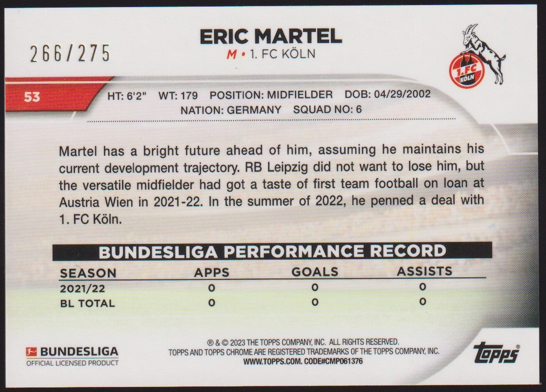 Topps Chrome 2022-23 Eric Martel 1. FC Köln Parallel 266/275 Rare Rookie – Bild 2