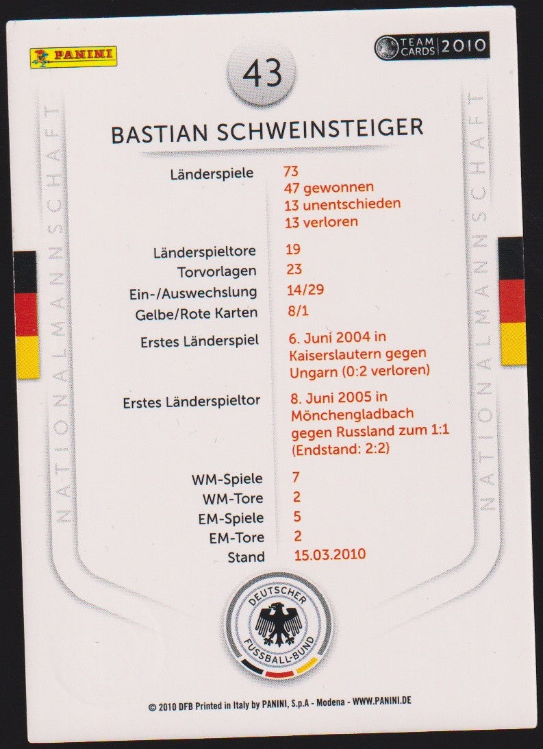 Panini Team Card Card 2010 WM Bastian Schweinsteiger Deutschland Parallel – Bild 2