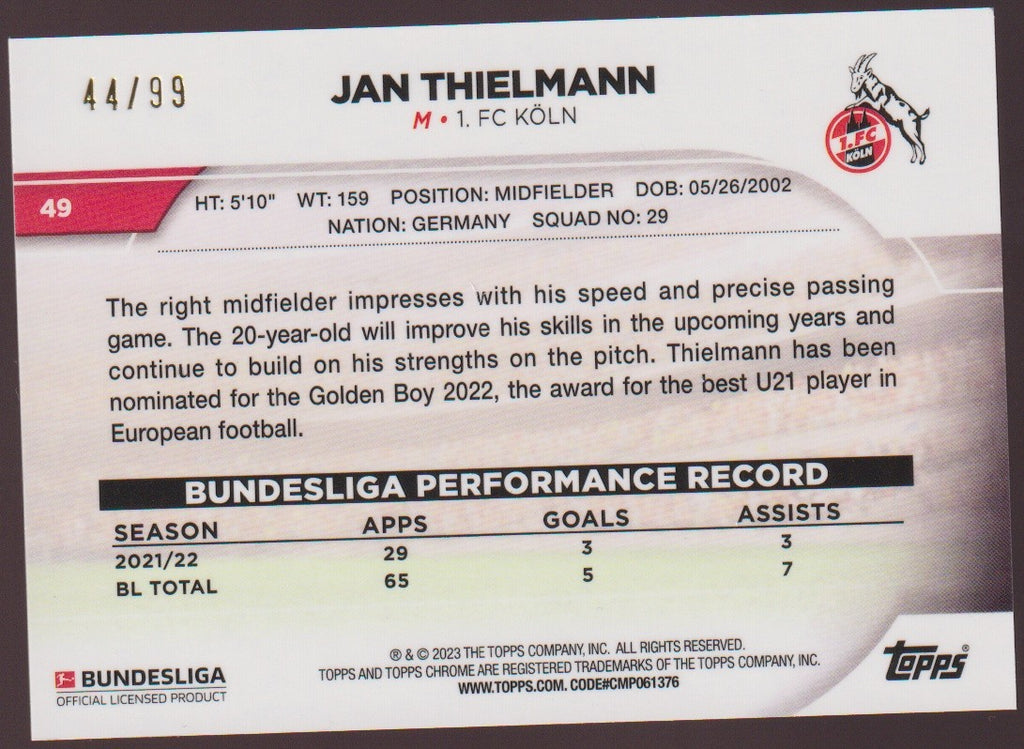 Topps Chrome 2022-23 Jan Thielmann 1. FC Köln Bundesliga Parallel 44/99 Rare – Bild 2