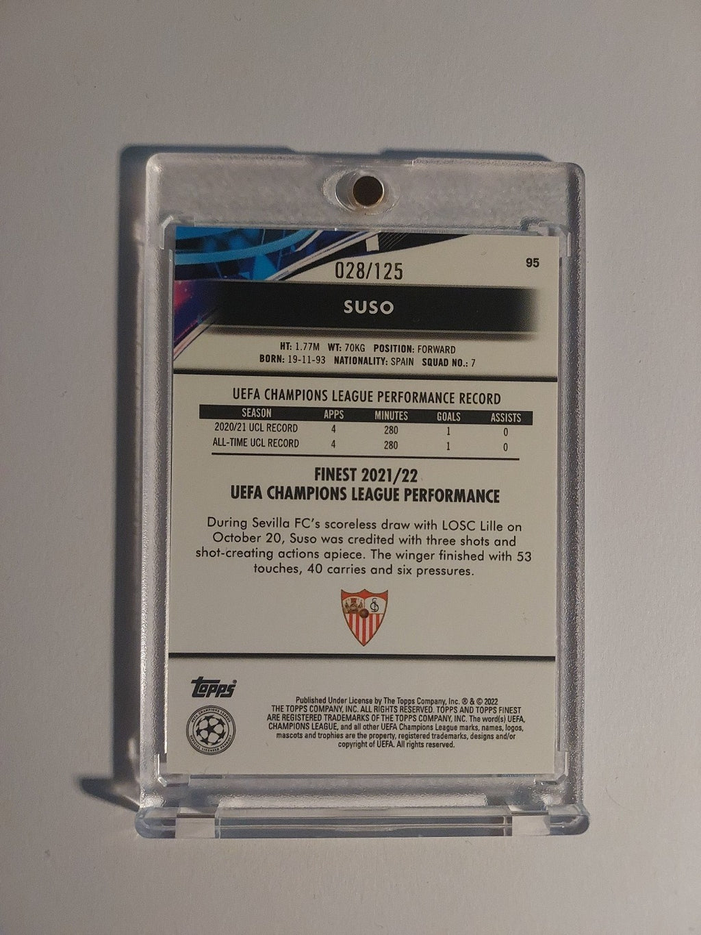 Topps UCC Finest 2021-22 Suso Sevilla FC Parallel 28/125 Refractor Ultra Rare – Bild 2