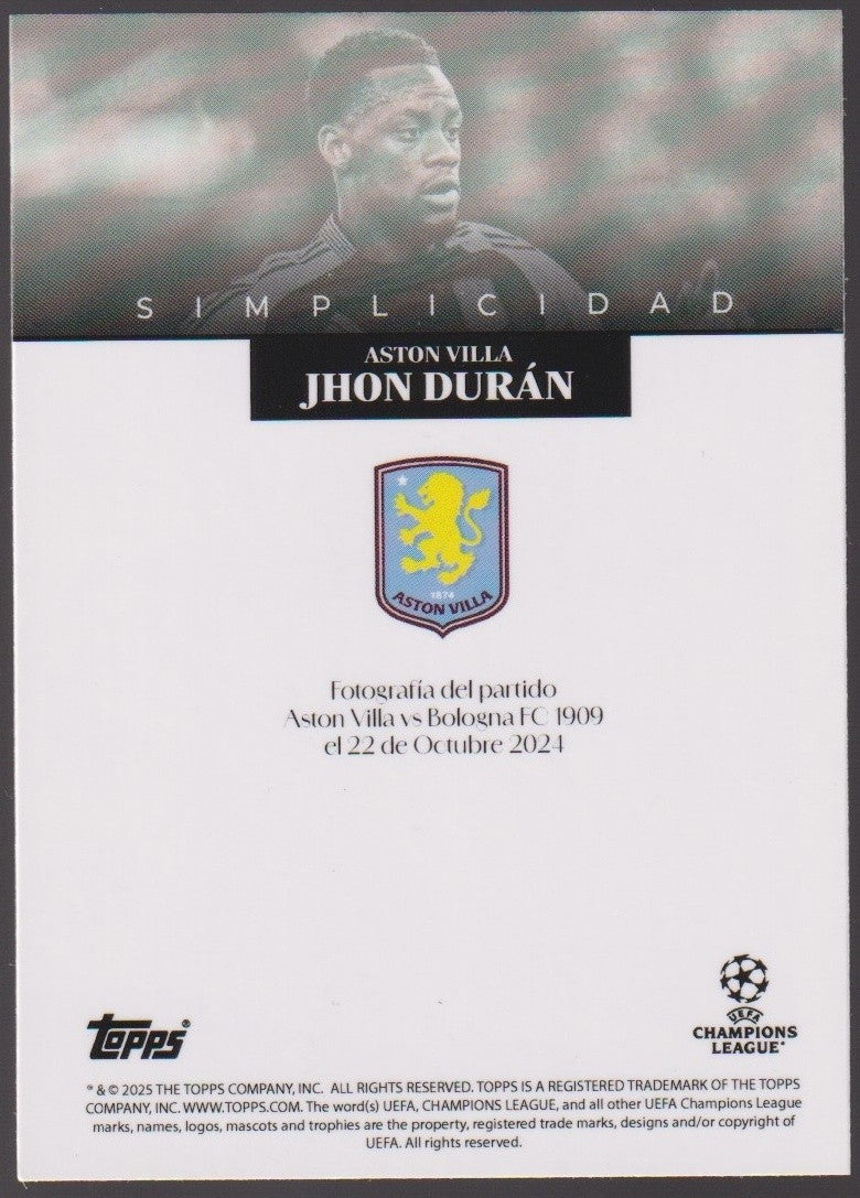 Topps Simplicidad 2024-25 Jhon Duran Aston Villa Parallel Rare – Bild 2