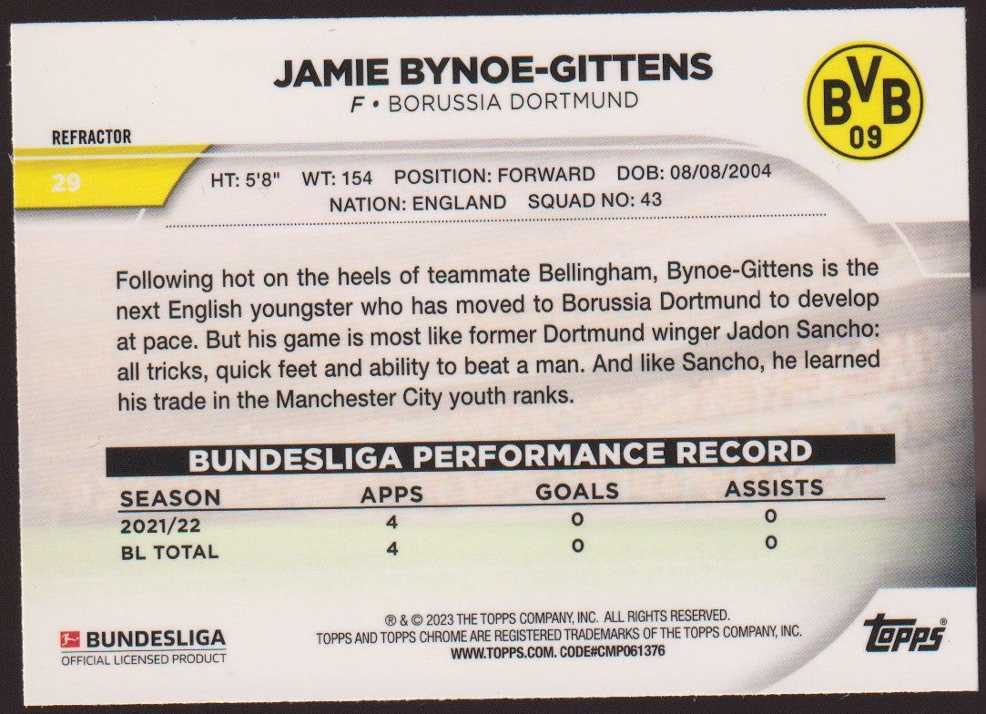 Topps Chrome 2021-22 Jamie Bynoe-Gittens Borussia Dortmund Parallel Refractor – Bild 2