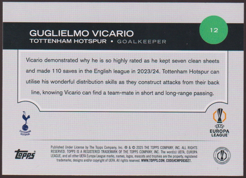 Topps UEFA Europa League 2023-24 Guglielmo Vicario Tottenham Hotspur Parallel – Bild 2